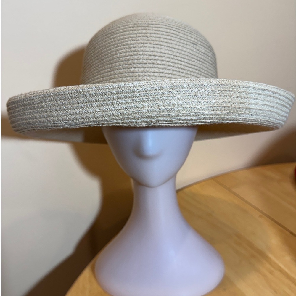 Womens Beige Woven Paper Straw Wide Brim Sun Hat Ribbon Tie Summer Beach Hat